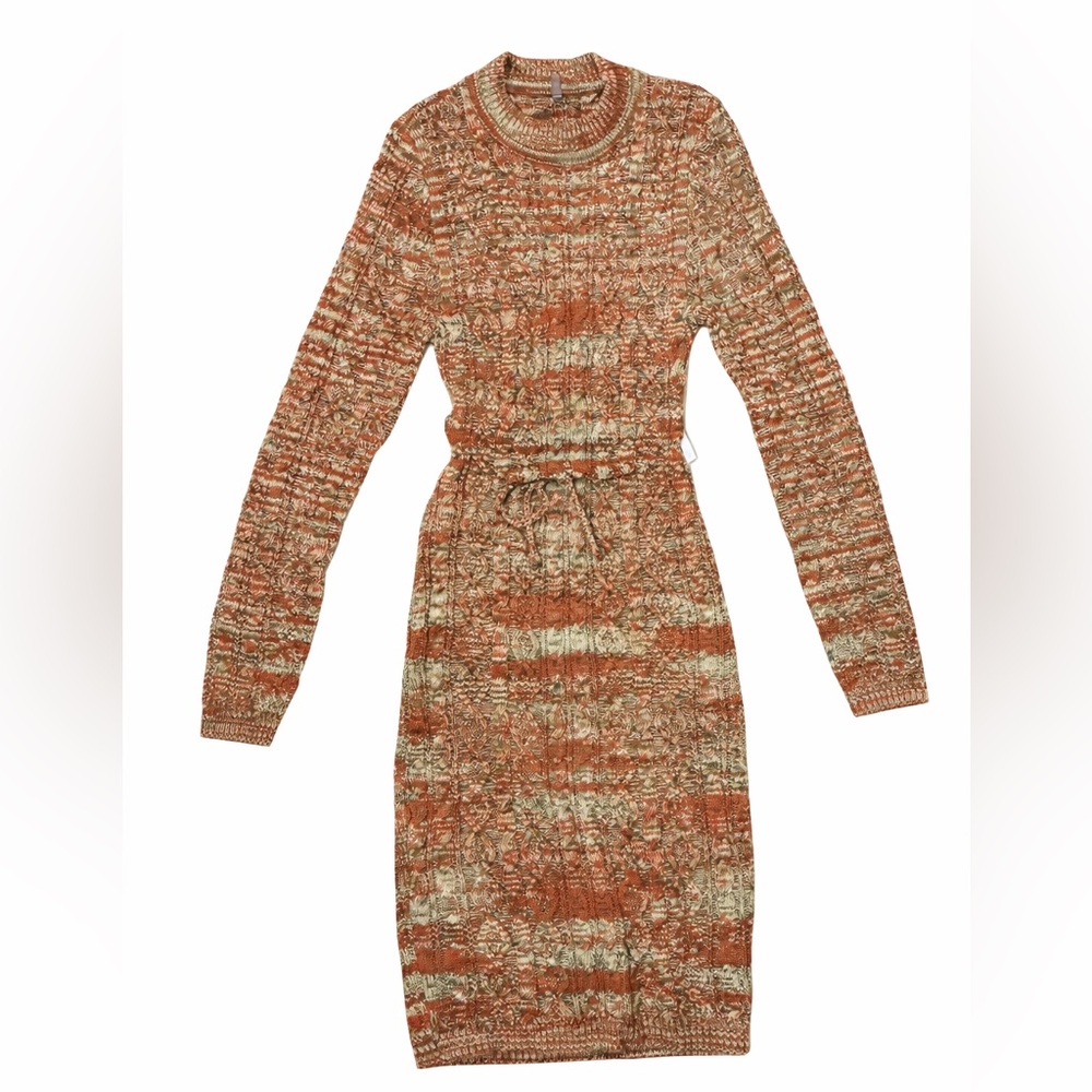 a ellen Knit Sweater Dress Rust Green Marled Long Sleeve Back Cutout Tie Boho